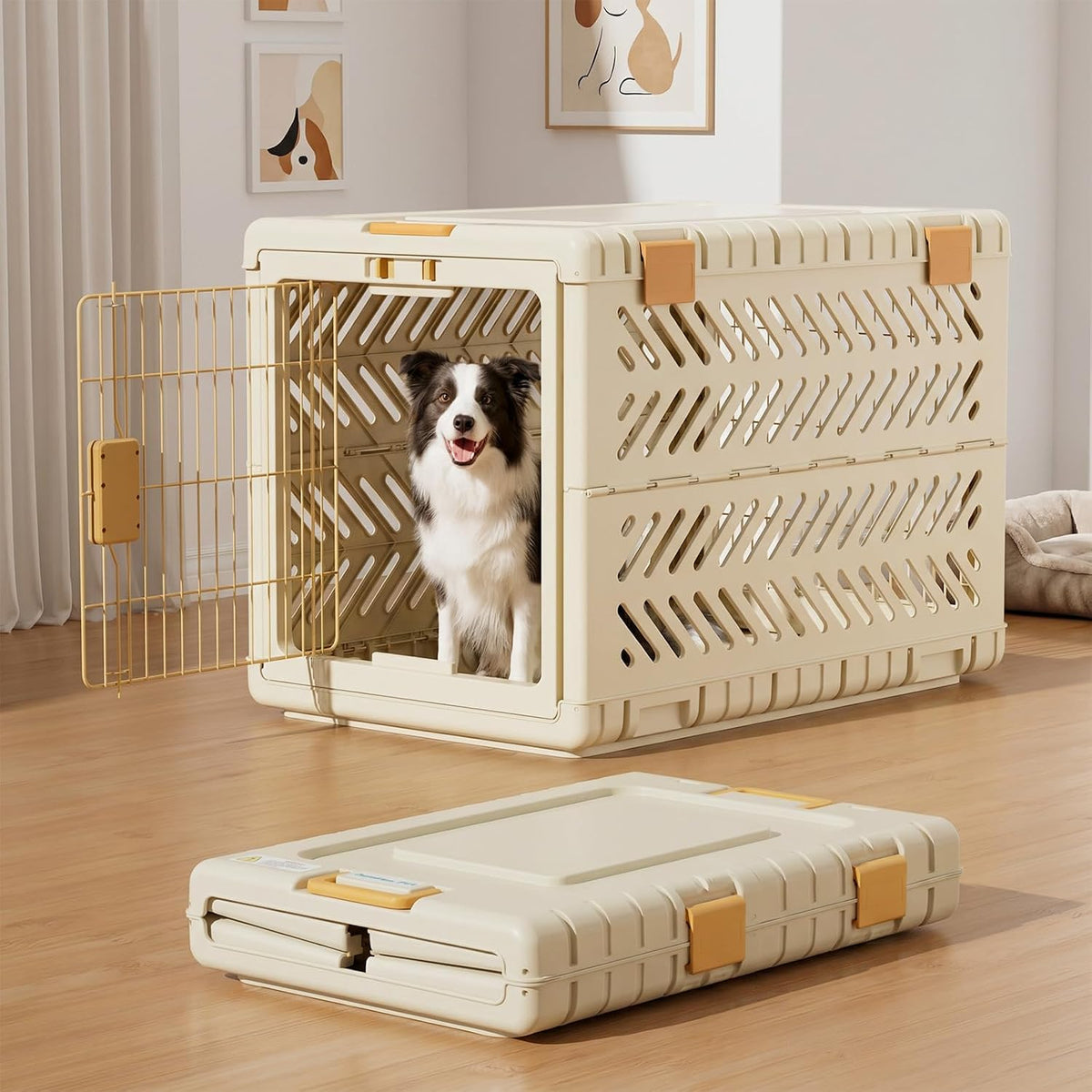 Collapsible Dog Crate for Medium/Small Dogs - 28" L Foldable Dog Cage No-Tool Assembly, Travel Dog Crate with 2 Wheels - Easy to Carry, Space-Saving, Indoor Outdoor Use, 27.96"(L) X18.3(W) X20.87(H)