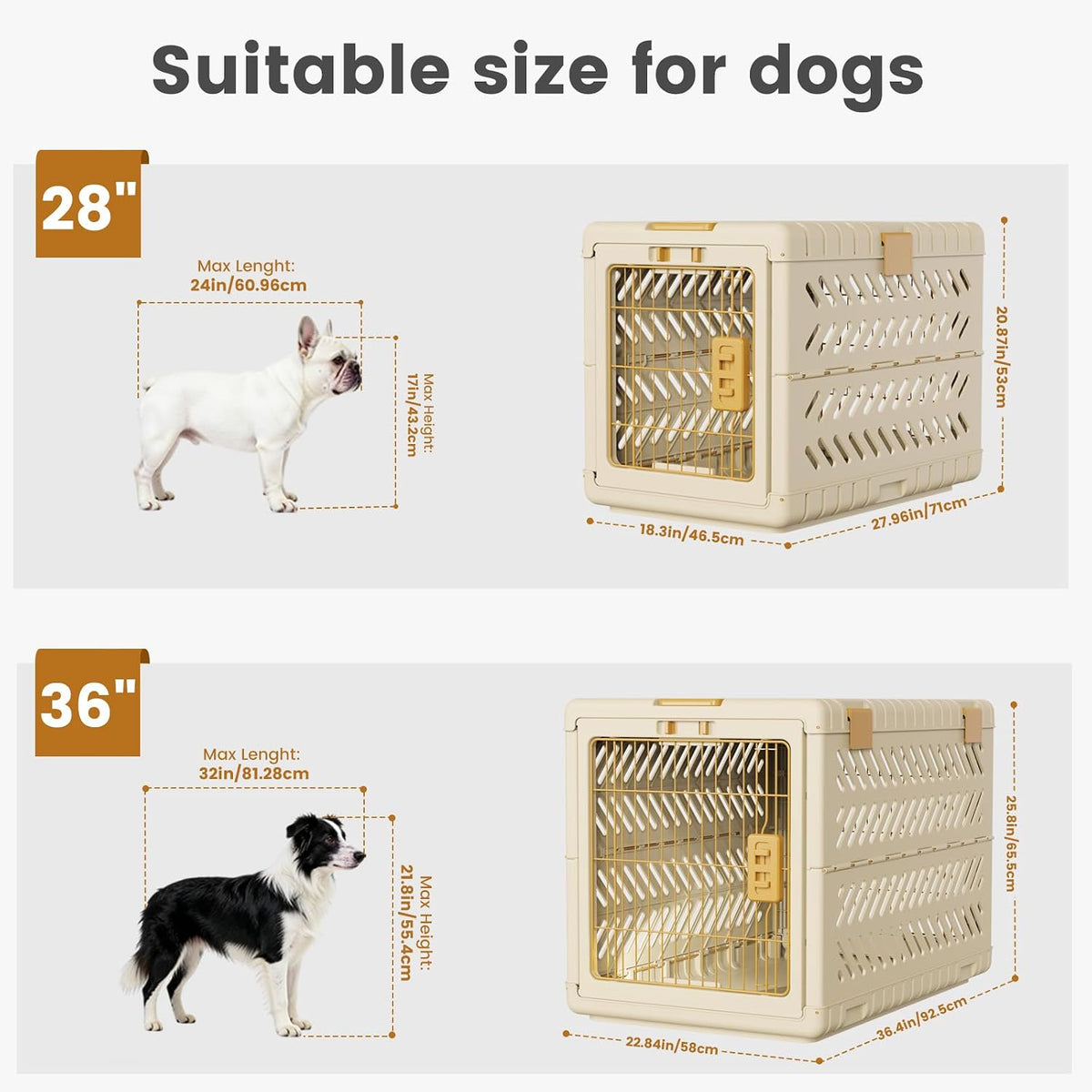 Collapsible Dog Crate for Medium/Small Dogs - 28" L Foldable Dog Cage No-Tool Assembly, Travel Dog Crate with 2 Wheels - Easy to Carry, Space-Saving, Indoor Outdoor Use, 27.96"(L) X18.3(W) X20.87(H)