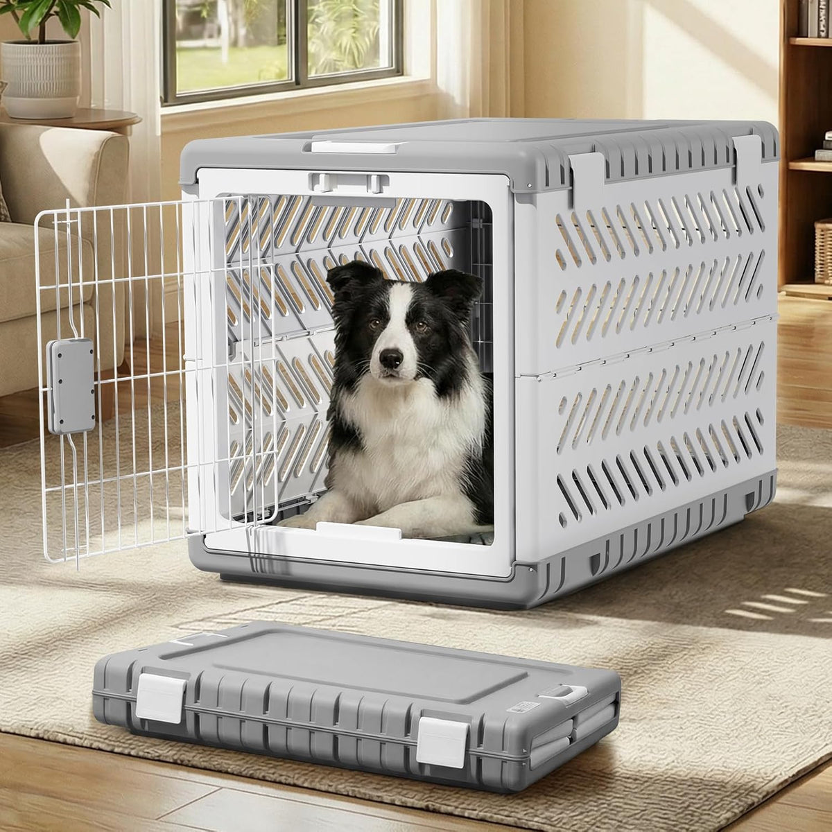 Collapsible Dog Crate for Medium/Small Dogs - 28" L Foldable Dog Cage No-Tool Assembly, Travel Dog Crate with 2 Wheels - Easy to Carry, Space-Saving, Indoor Outdoor Use, 27.96"(L) X18.3(W) X20.87(H)