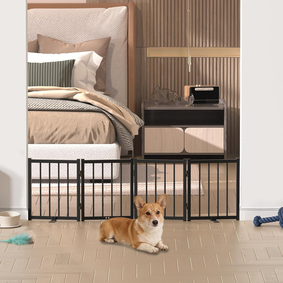 16" Freestanding Short Dog Gate for Small Dogs – Foldable & Retractable, Expands Up to 72" Wide, 6-Panel Pet Barrier for Doorways, Stairs & Hallways (White)