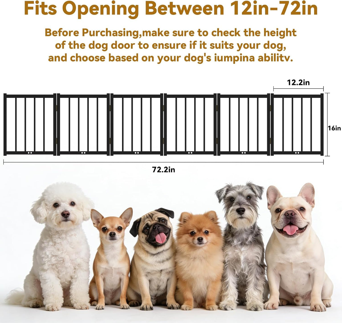 16" Freestanding Short Dog Gate for Small Dogs – Foldable & Retractable, Expands Up to 72" Wide, 6-Panel Pet Barrier for Doorways, Stairs & Hallways (White)
