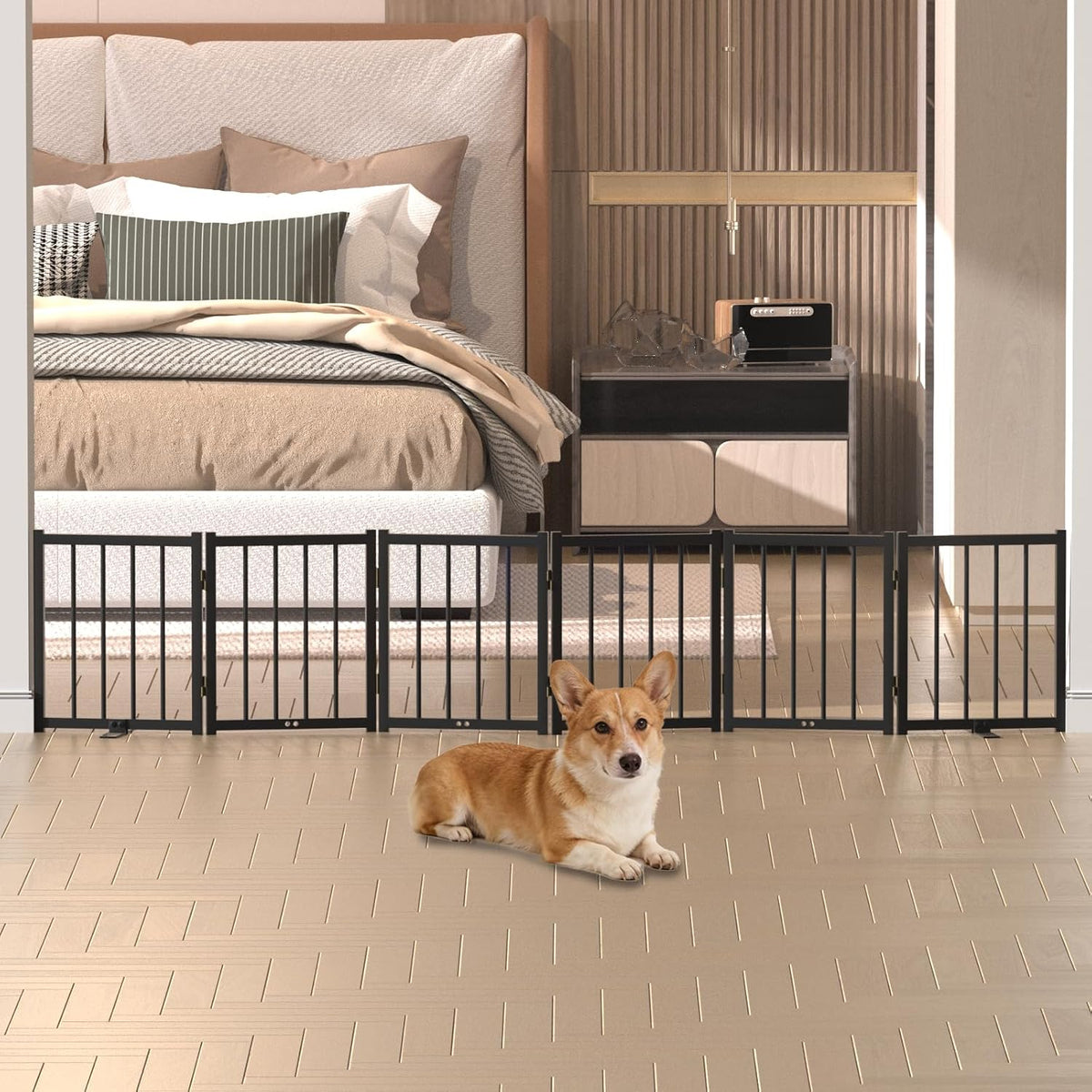 16" Freestanding Short Dog Gate for Small Dogs – Foldable & Retractable, Expands Up to 72" Wide, 6-Panel Pet Barrier for Doorways, Stairs & Hallways (White)