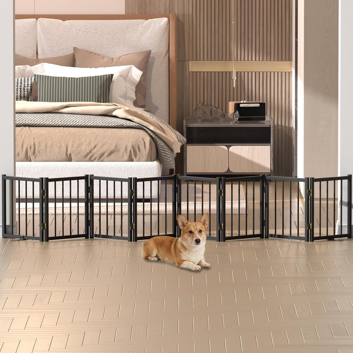 16" Freestanding Short Dog Gate for Small Dogs – Foldable & Retractable, Expands Up to 72" Wide, 6-Panel Pet Barrier for Doorways, Stairs & Hallways (White)