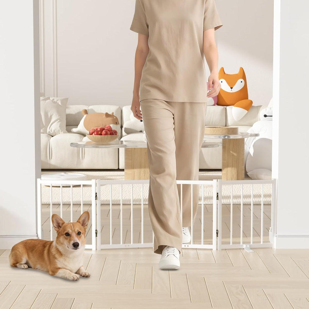 16" Freestanding Short Dog Gate for Small Dogs – Foldable & Retractable, Expands Up to 72" Wide, 6-Panel Pet Barrier for Doorways, Stairs & Hallways (White)