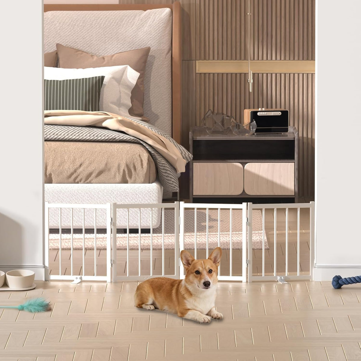 16" Freestanding Short Dog Gate for Small Dogs – Foldable & Retractable, Expands Up to 72" Wide, 6-Panel Pet Barrier for Doorways, Stairs & Hallways (White)