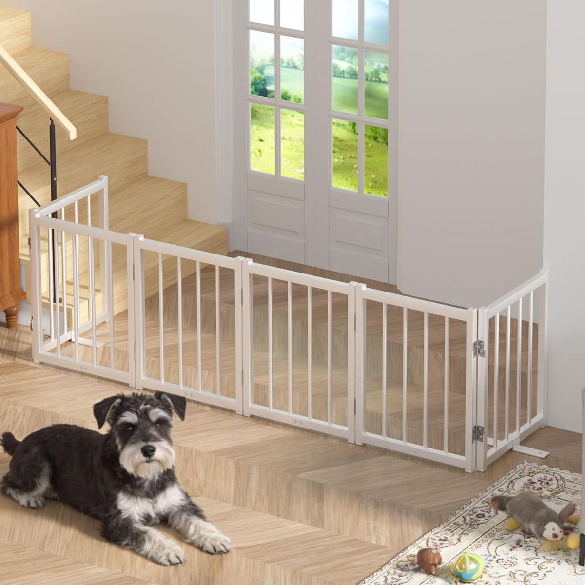 16" Freestanding Short Dog Gate for Small Dogs – Foldable & Retractable, Expands Up to 72" Wide, 6-Panel Pet Barrier for Doorways, Stairs & Hallways (White)