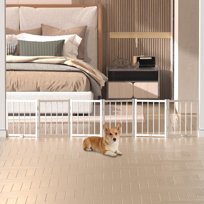 16" Freestanding Short Dog Gate for Small Dogs – Foldable & Retractable, Expands Up to 72" Wide, 6-Panel Pet Barrier for Doorways, Stairs & Hallways (White)
