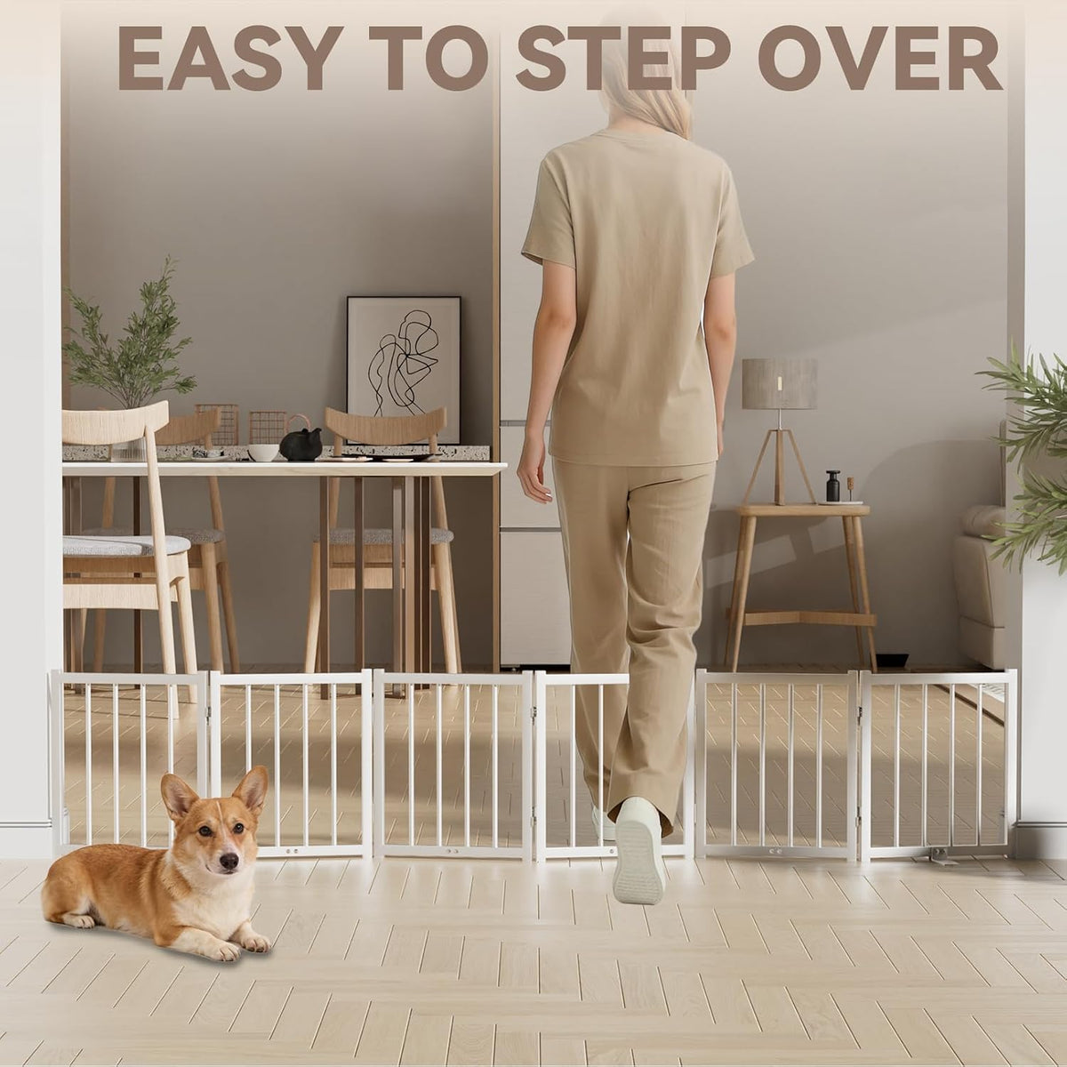 16" Freestanding Short Dog Gate for Small Dogs – Foldable & Retractable, Expands Up to 72" Wide, 6-Panel Pet Barrier for Doorways, Stairs & Hallways (White)