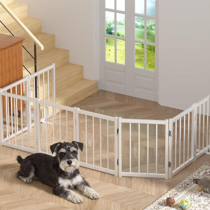 16" Freestanding Short Dog Gate for Small Dogs – Foldable & Retractable, Expands Up to 72" Wide, 6-Panel Pet Barrier for Doorways, Stairs & Hallways (White)
