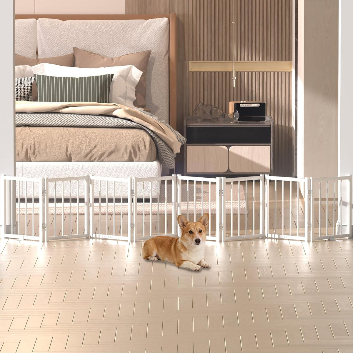 16" Freestanding Short Dog Gate for Small Dogs – Foldable & Retractable, Expands Up to 72" Wide, 6-Panel Pet Barrier for Doorways, Stairs & Hallways (White)