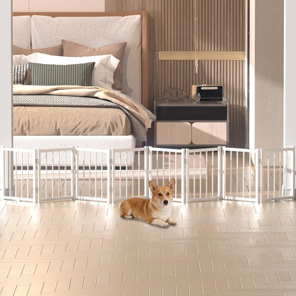 16" Freestanding Short Dog Gate for Small Dogs – Foldable & Retractable, Expands Up to 72" Wide, 6-Panel Pet Barrier for Doorways, Stairs & Hallways (White)