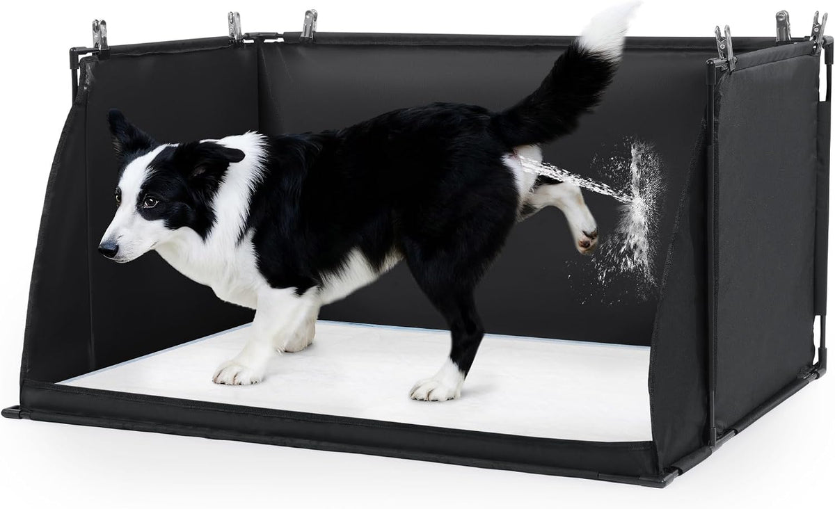 Dog Pee Pad Holder with High Walls, Foldable Dog Litter Box Pee Shields Indoor Dog Potty for Small and Medium Dogs, No Spill Pee Pad Holder Tray for Dogs Work (33.8*28*17.7in). Patent Pending