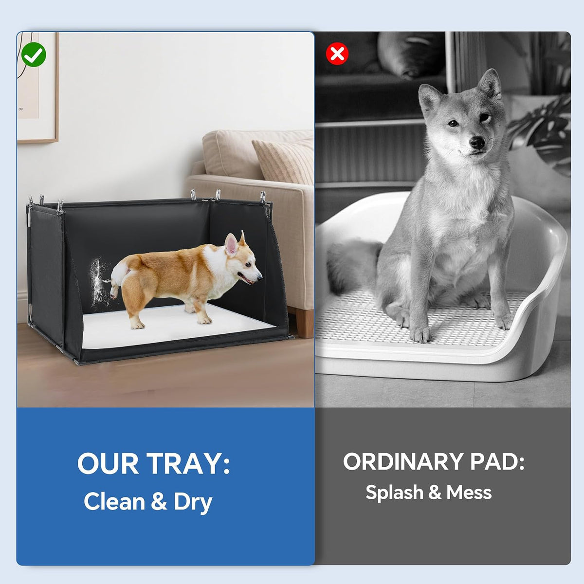 Dog Pee Pad Holder with High Walls, Foldable Dog Litter Box Pee Shields Indoor Dog Potty for Small and Medium Dogs, No Spill Pee Pad Holder Tray for Dogs Work (33.8*28*17.7in). Patent Pending