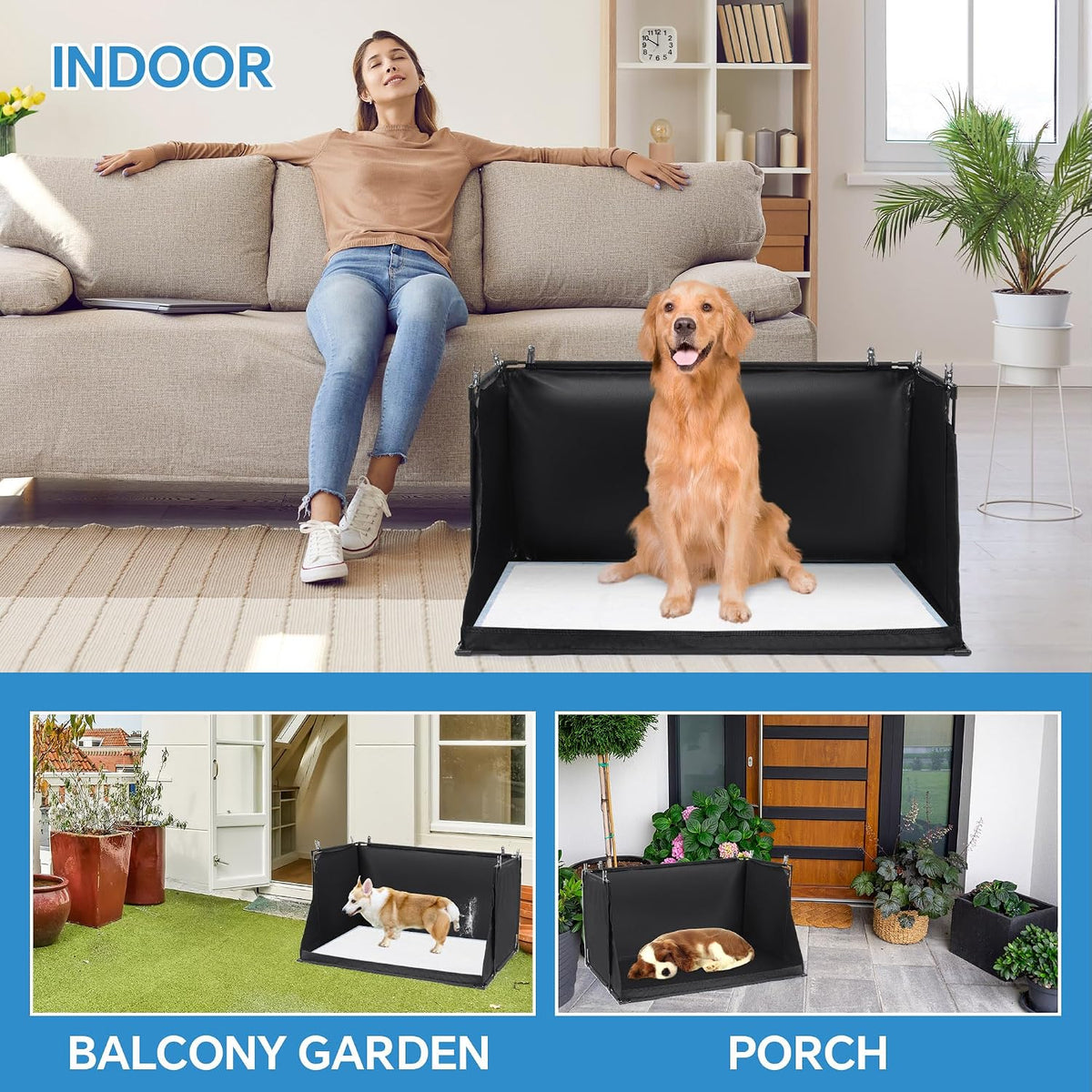 Dog Pee Pad Holder with High Walls, Foldable Dog Litter Box Pee Shields Indoor Dog Potty for Small and Medium Dogs, No Spill Pee Pad Holder Tray for Dogs Work (33.8*28*17.7in). Patent Pending