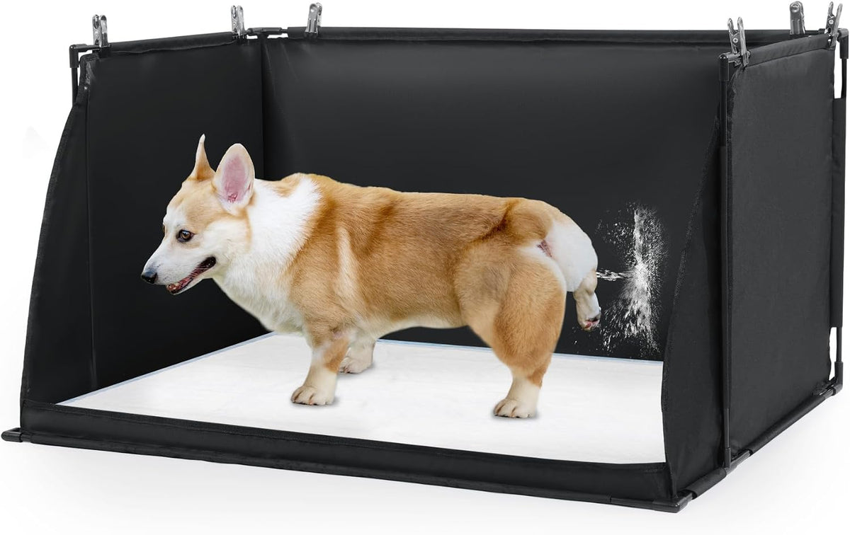 Dog Pee Pad Holder with High Walls, Foldable Dog Litter Box Pee Shields Indoor Dog Potty for Small and Medium Dogs, No Spill Pee Pad Holder Tray for Dogs Work (33.8*28*17.7in). Patent Pending