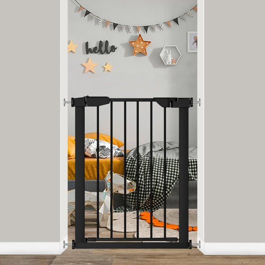 22.8"-25.5" Narrow Baby Gate for Doorways, Pressure Mounted Auto-Close Pet Gate for Small Walk Thru and Hallway, Tension Safety Child Gate No Drill, No Extensions, Black