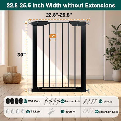 22.8"-25.5" Narrow Baby Gate for Doorways, Pressure Mounted Auto-Close Pet Gate for Small Walk Thru and Hallway, Tension Safety Child Gate No Drill, No Extensions, Black