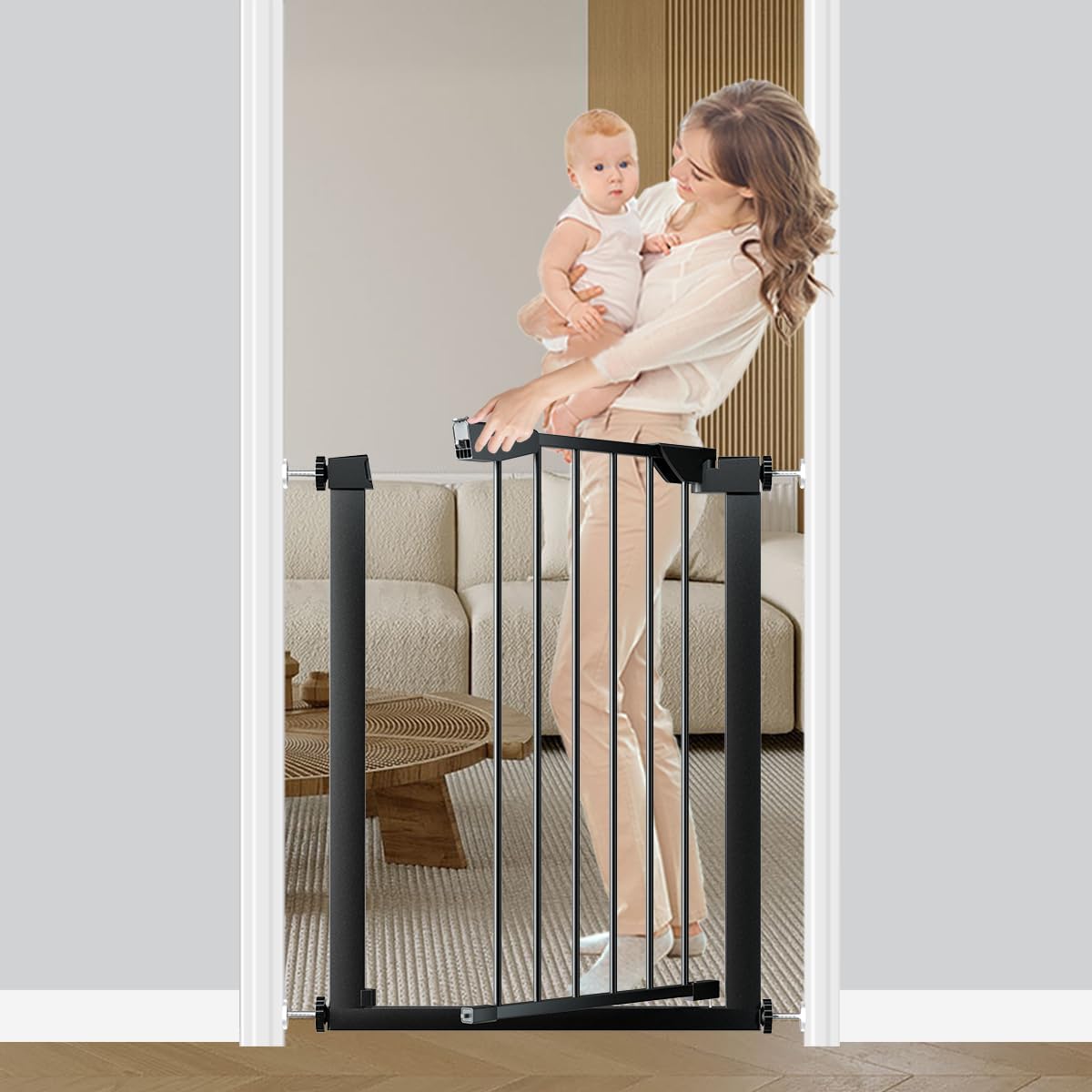 22.8"-25.5" Narrow Baby Gate for Doorways, Pressure Mounted Auto-Close Pet Gate for Small Walk Thru and Hallway, Tension Safety Child Gate No Drill, No Extensions, Black