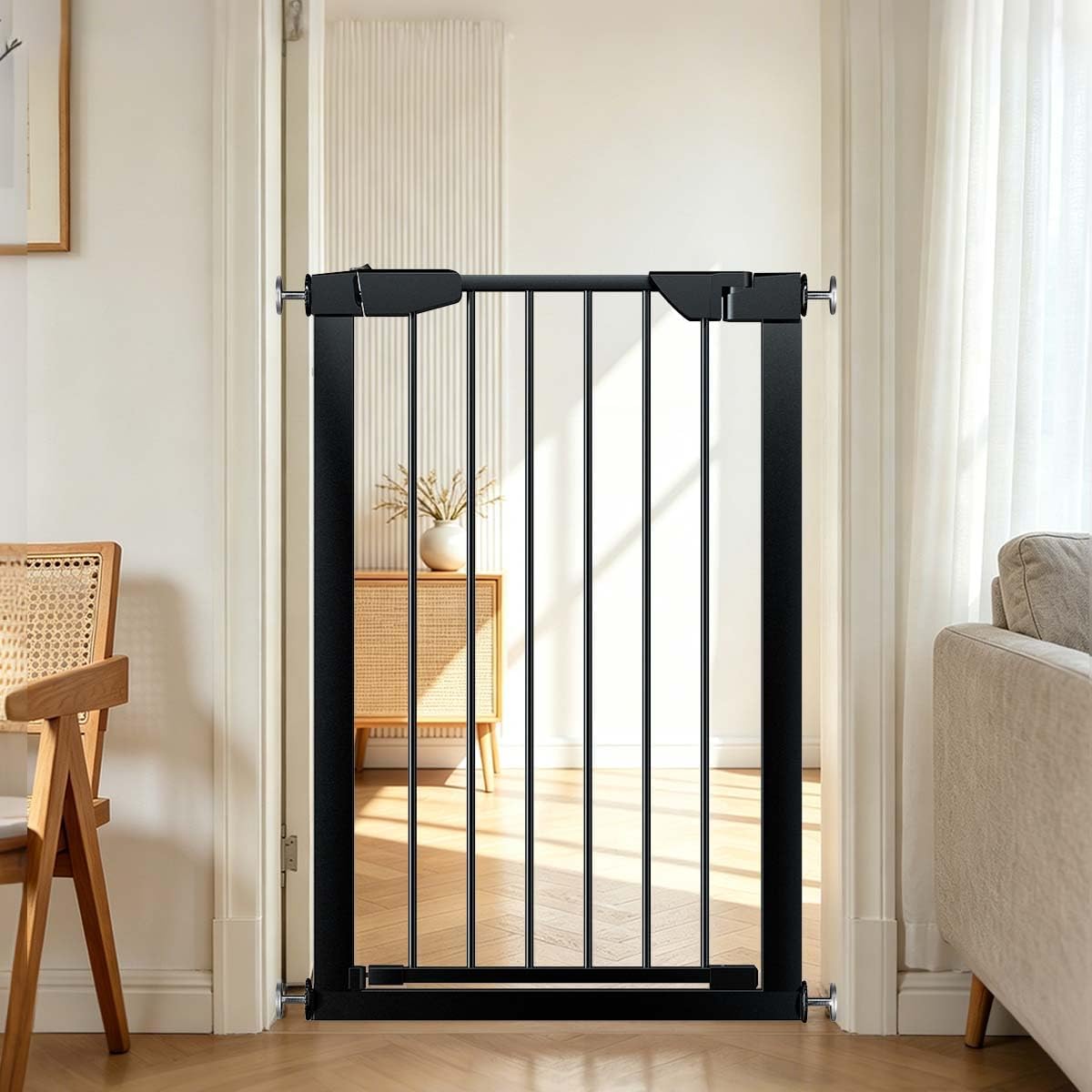 22.8"-25.5" Narrow Baby Gate for Doorways, Pressure Mounted Auto-Close Pet Gate for Small Walk Thru and Hallway, Tension Safety Child Gate No Drill, No Extensions, Black