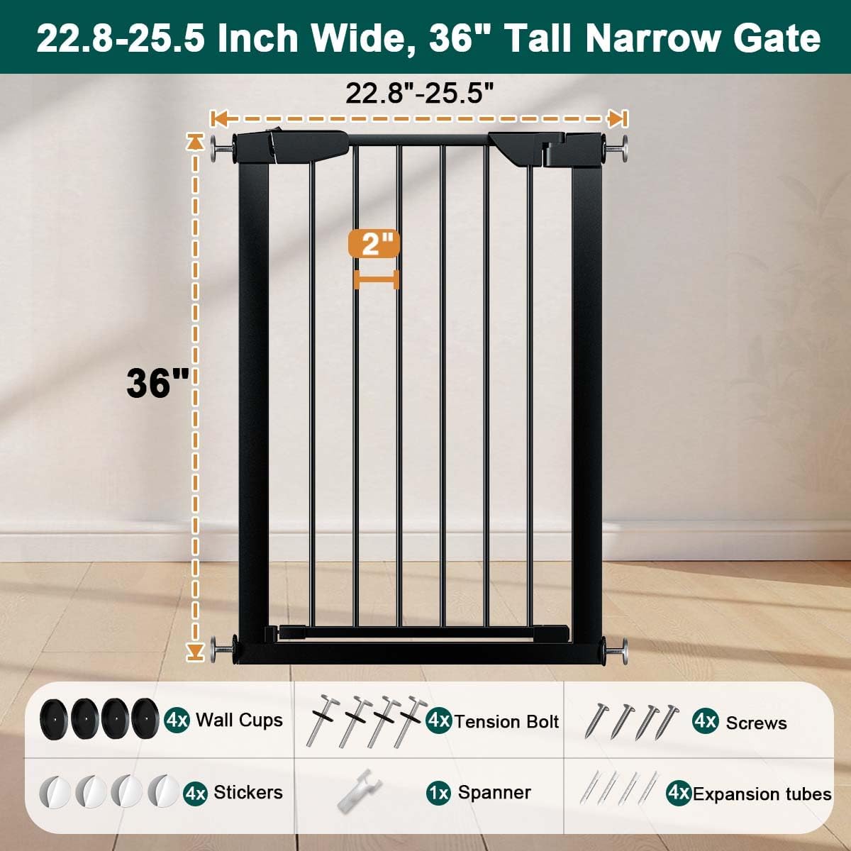 22.8"-25.5" Narrow Baby Gate for Doorways, Pressure Mounted Auto-Close Pet Gate for Small Walk Thru and Hallway, Tension Safety Child Gate No Drill, No Extensions, Black