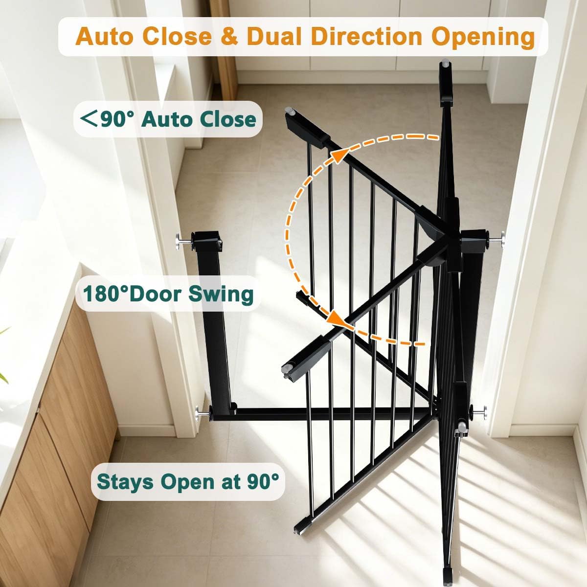 22.8"-25.5" Narrow Baby Gate for Doorways, Pressure Mounted Auto-Close Pet Gate for Small Walk Thru and Hallway, Tension Safety Child Gate No Drill, No Extensions, Black