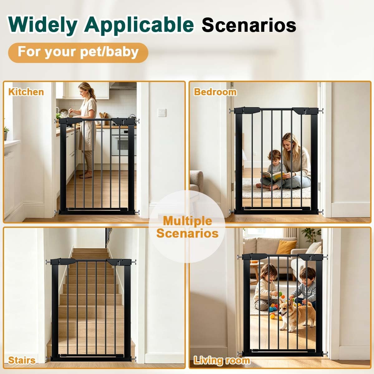 22.8"-25.5" Narrow Baby Gate for Doorways, Pressure Mounted Auto-Close Pet Gate for Small Walk Thru and Hallway, Tension Safety Child Gate No Drill, No Extensions, Black