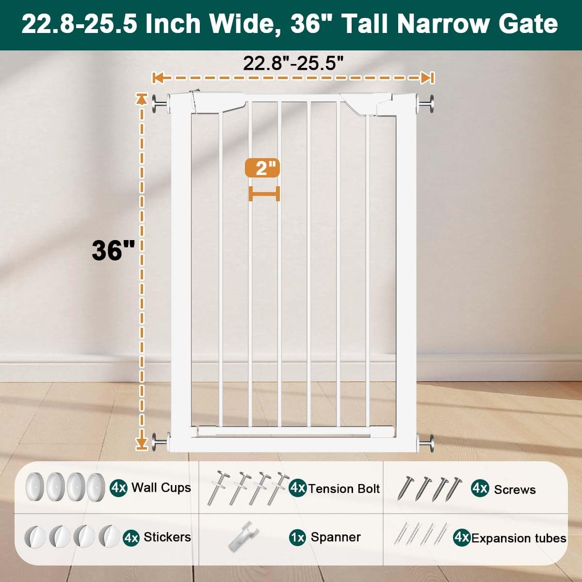 22.8"-25.5" Narrow Baby Gate for Doorways, Pressure Mounted Auto-Close Pet Gate for Small Walk Thru and Hallway, Tension Safety Child Gate No Drill, No Extensions, Black