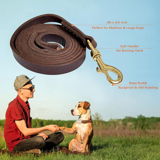 Leather Dog Leash 6ft, Dog Leashes for Large Dogs Heavy Duty, Soft Handmade Leather Training Leash for Large & Medium Dogs (6ftx3/4inch, Brown)