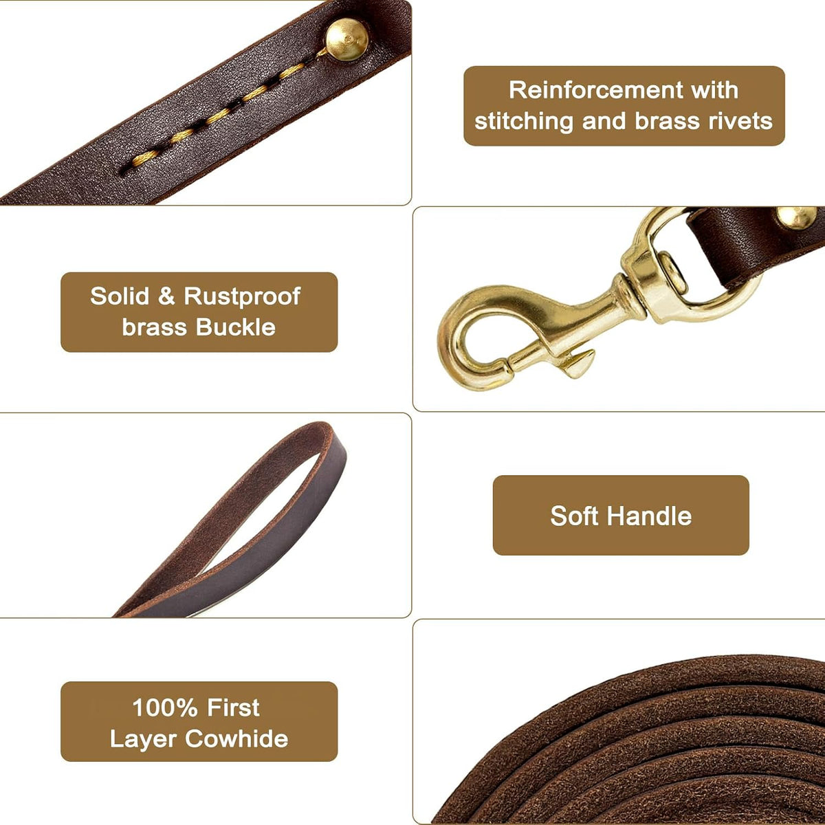 Leather Dog Leash 6ft, Dog Leashes for Large Dogs Heavy Duty, Soft Handmade Leather Training Leash for Large & Medium Dogs (6ftx3/4inch, Brown)