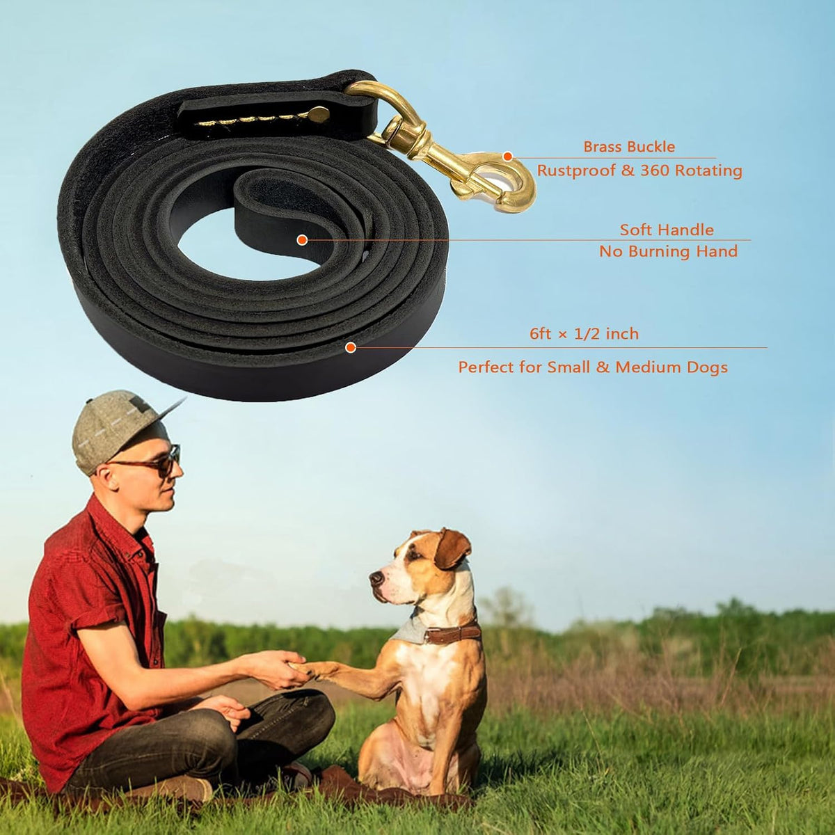 Leather Dog Leash 6ft, Dog Leashes for Large Dogs Heavy Duty, Soft Handmade Leather Training Leash for Large & Medium Dogs (6ftx3/4inch, Brown)