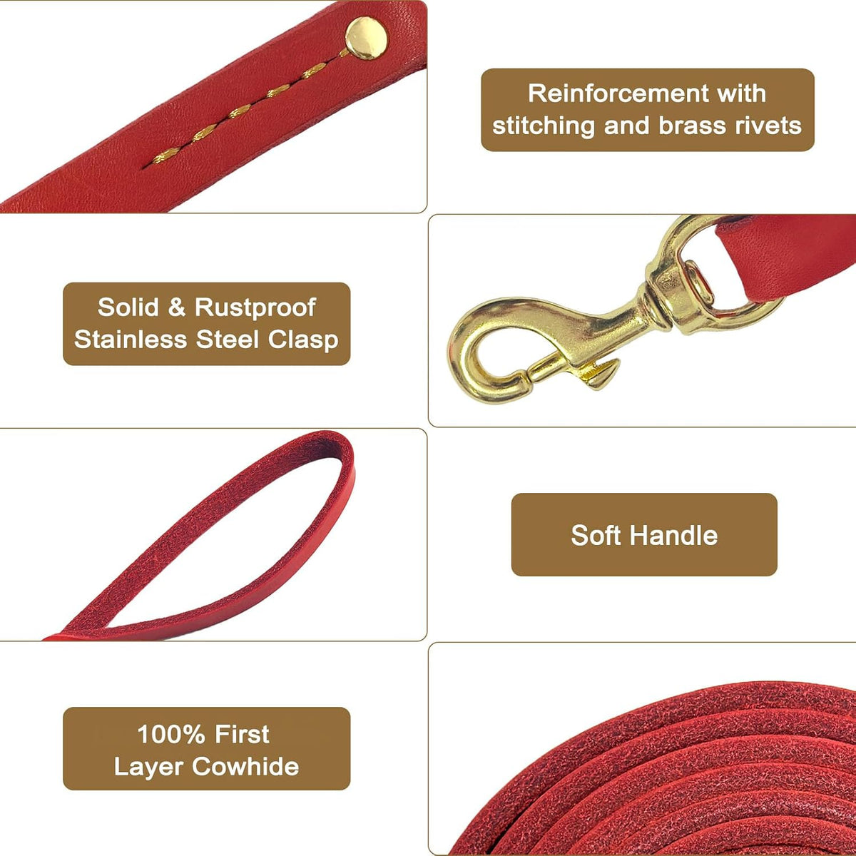 Leather Dog Leash 6ft, Dog Leashes for Large Dogs Heavy Duty, Soft Handmade Leather Training Leash for Large & Medium Dogs (6ftx3/4inch, Brown)