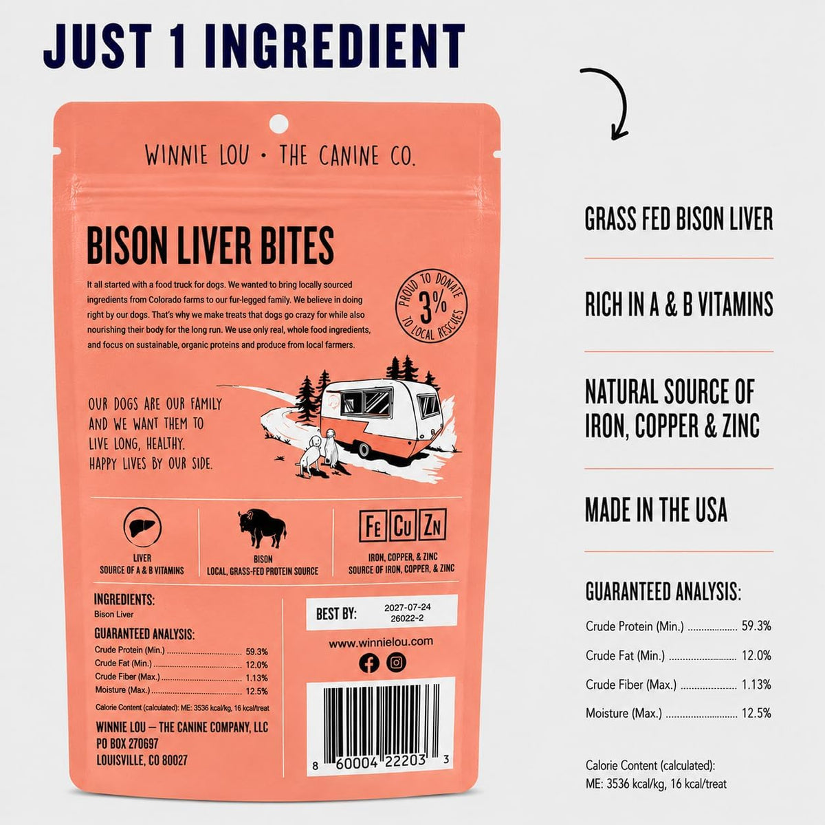 Winnie Lou Elk Jerky Dog Treats – Limited Ingredient, Human Grade, Training Treats for Small, Medium & Large Dogs, USA Made, High Protein, Chews, Hypoallergenic, Sensative Stomach (1 Pack)