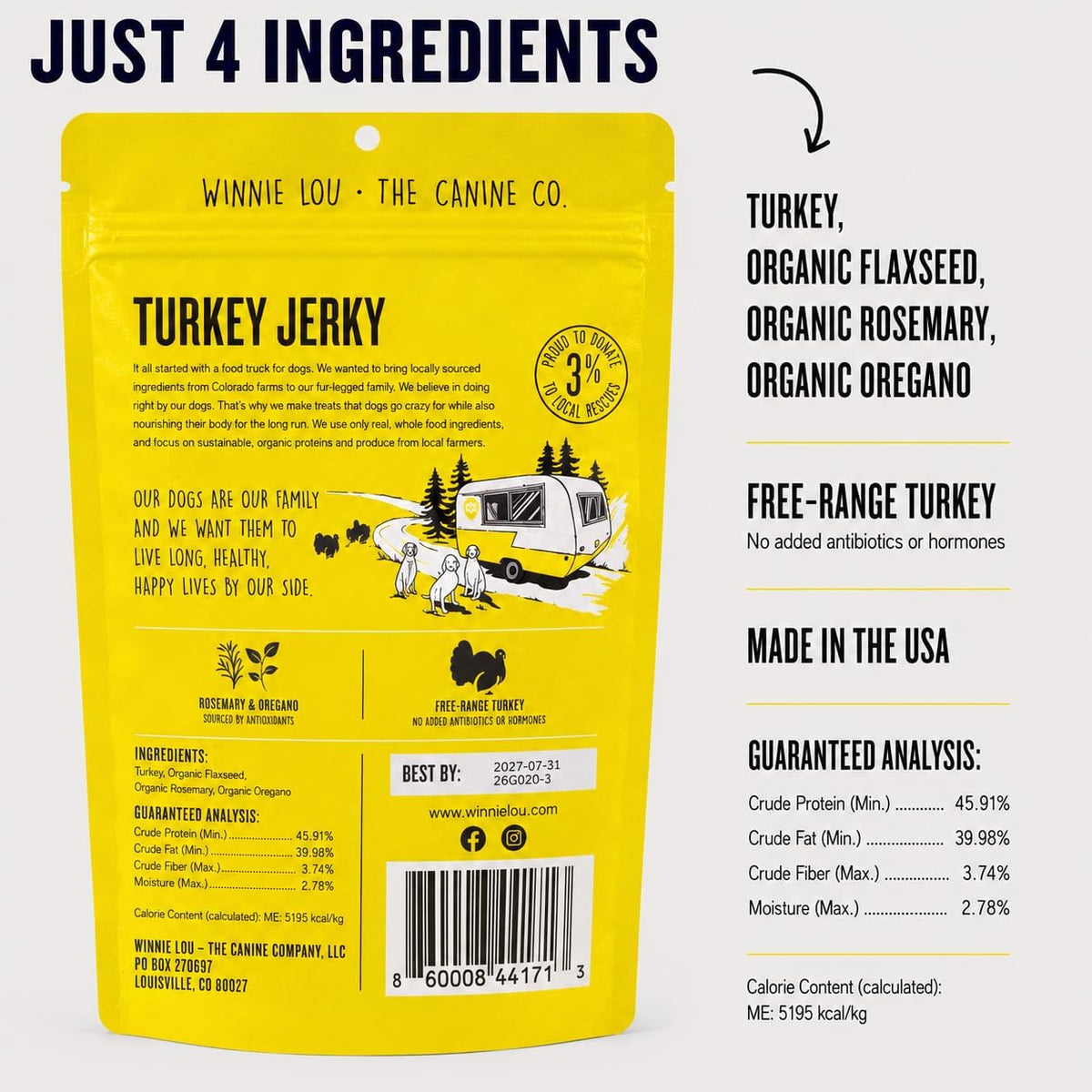 Winnie Lou Elk Jerky Dog Treats – Limited Ingredient, Human Grade, Training Treats for Small, Medium & Large Dogs, USA Made, High Protein, Chews, Hypoallergenic, Sensative Stomach (1 Pack)