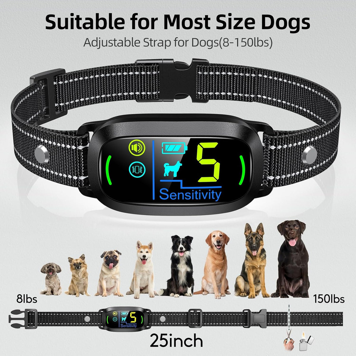 Dog Bark Collar, Rechargeable Smart Collar, Anti Barking Training Collar with 5 Adjustable Sensitivity Beep Vibration, Bark Collar for Large Medium Small Dogs (Black)