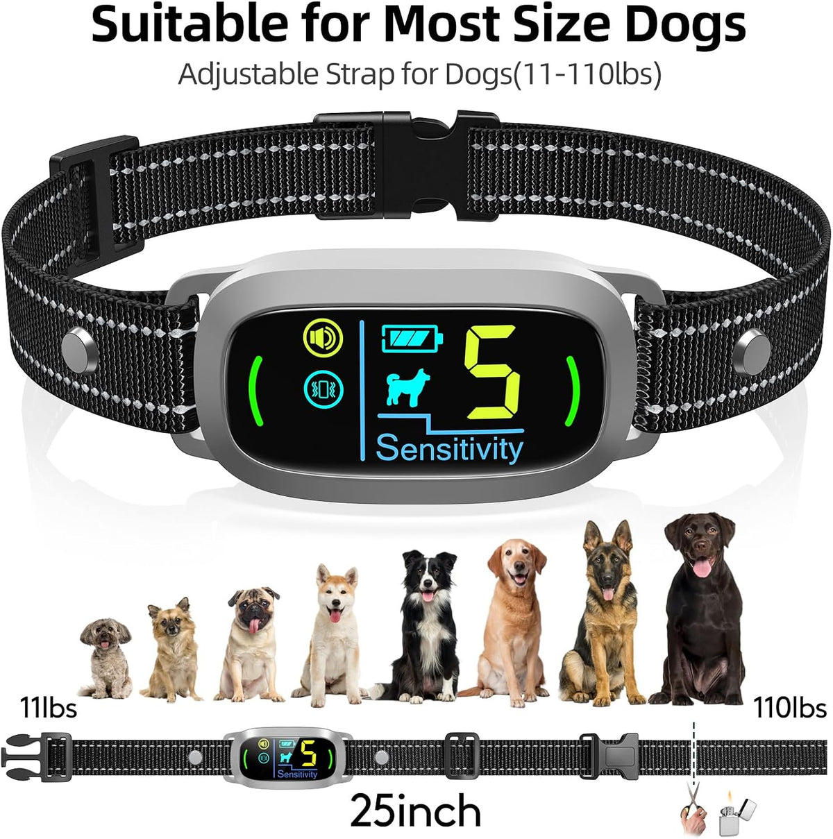 Dog Bark Collar, Rechargeable Smart Collar, Anti Barking Training Collar with 5 Adjustable Sensitivity Beep Vibration, Bark Collar for Large Medium Small Dogs (Black)