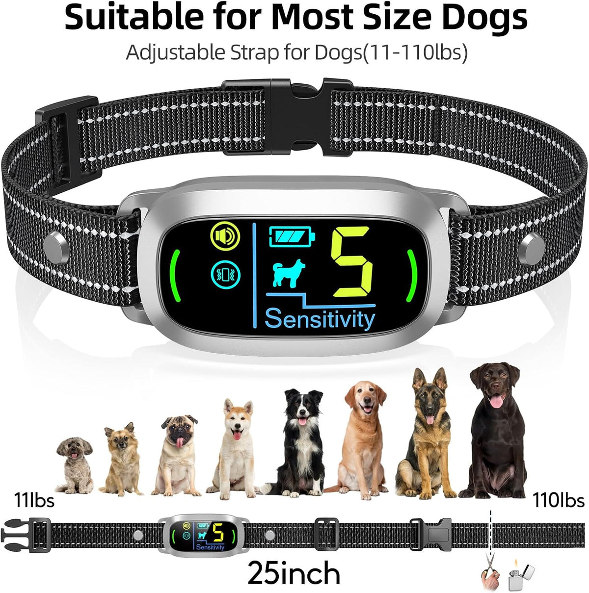 Dog Bark Collar, Rechargeable Smart Collar, Anti Barking Training Collar with 5 Adjustable Sensitivity Beep Vibration, Bark Collar for Large Medium Small Dogs (Black)
