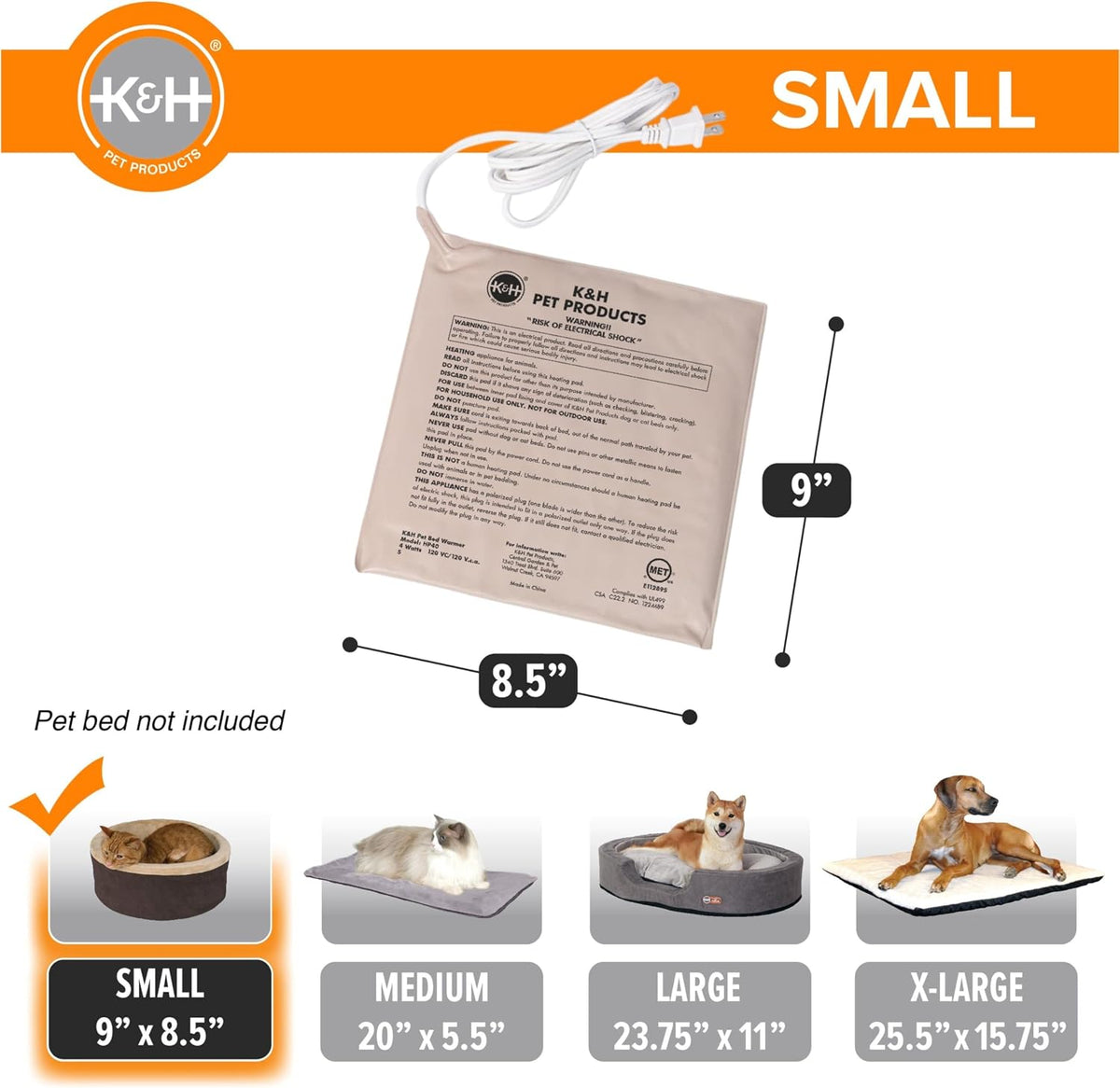 K&H Pet Bed Warmer, Safety Listed, Cat Heating Pad, Small 9x8.5in Tan