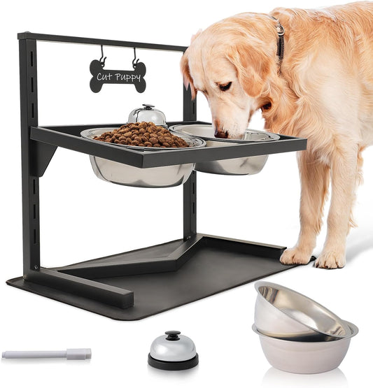 Elevated Dog Bowls - 7 Height Adjustable, 10 Tilted Raised Stand With Spill Proof Mat, Two 1.5L Stainless Steel Food Water Bowls for Large Medium Small Dogs (15.4" H)