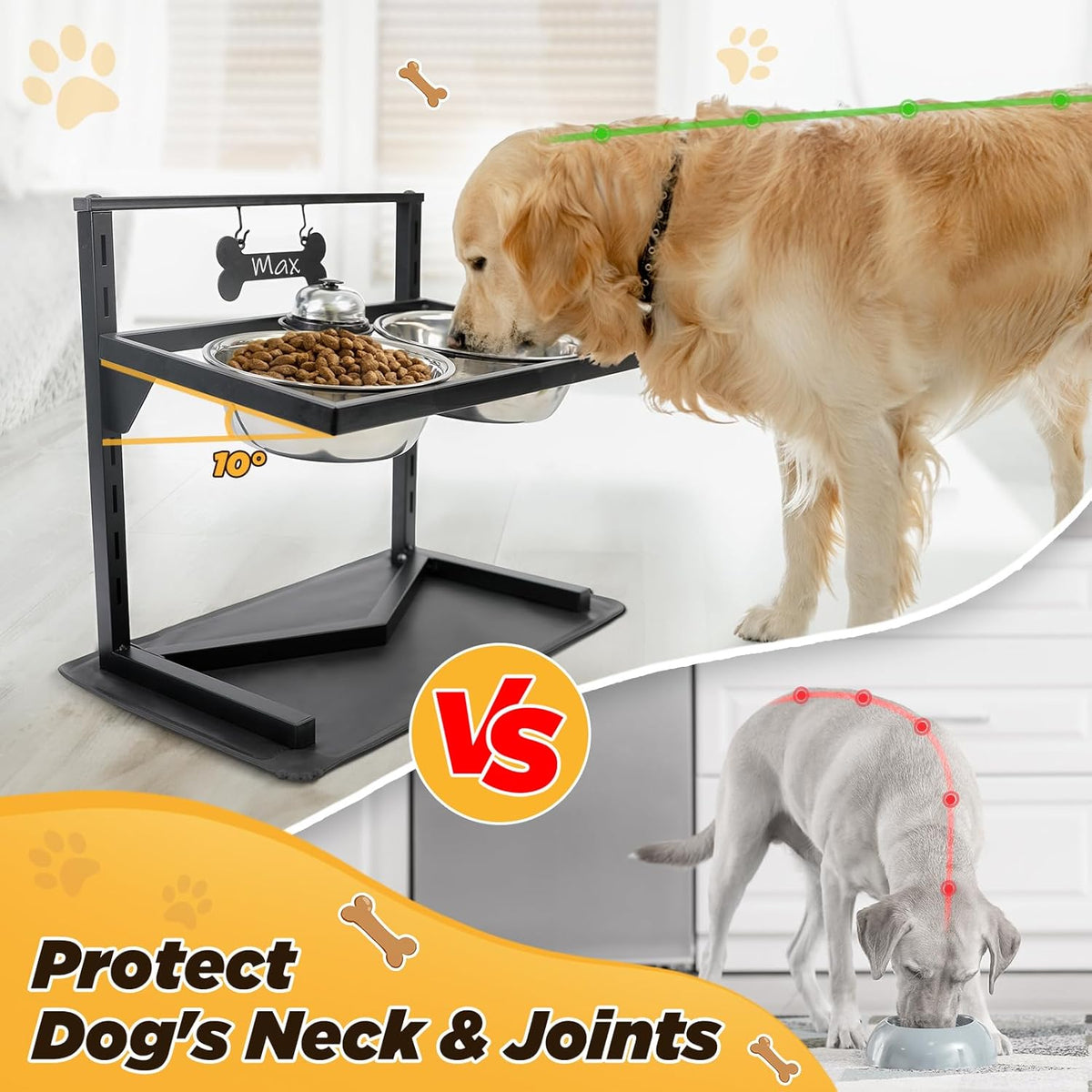 Elevated Dog Bowls - 7 Height Adjustable, 10 Tilted Raised Stand With Spill Proof Mat, Two 1.5L Stainless Steel Food Water Bowls for Large Medium Small Dogs (15.4" H)