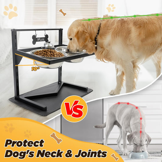 Elevated Dog Bowls - 7 Height Adjustable, 10 Tilted Raised Stand With Spill Proof Mat, Two 1.5L Stainless Steel Food Water Bowls for Large Medium Small Dogs (15.4" H)