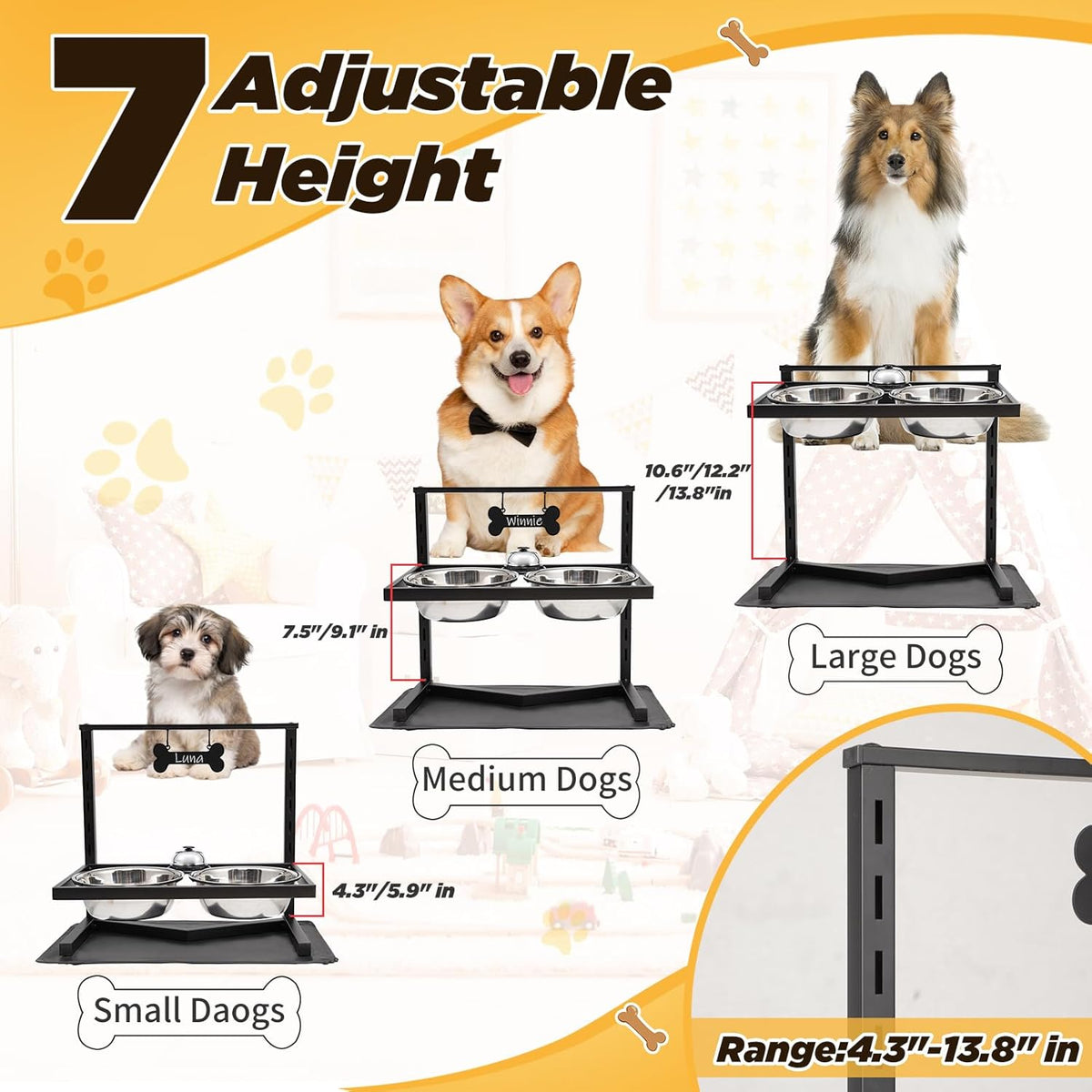 Elevated Dog Bowls - 7 Height Adjustable, 10 Tilted Raised Stand With Spill Proof Mat, Two 1.5L Stainless Steel Food Water Bowls for Large Medium Small Dogs (15.4" H)