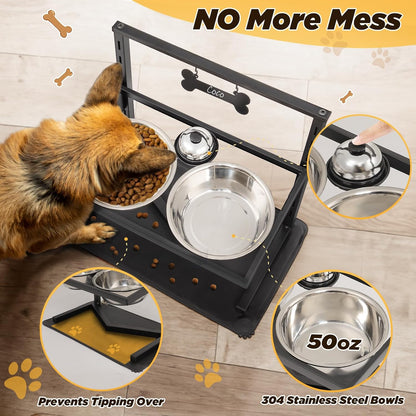Elevated Dog Bowls - 7 Height Adjustable, 10 Tilted Raised Stand With Spill Proof Mat, Two 1.5L Stainless Steel Food Water Bowls for Large Medium Small Dogs (15.4" H)