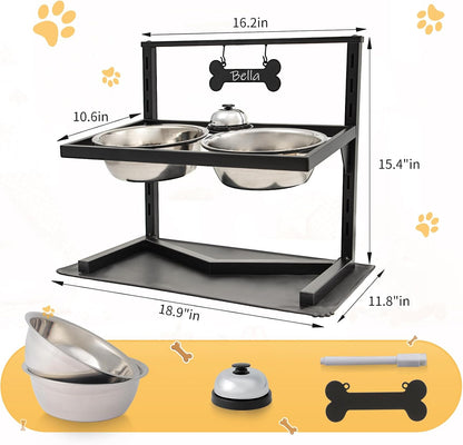 Elevated Dog Bowls - 7 Height Adjustable, 10 Tilted Raised Stand With Spill Proof Mat, Two 1.5L Stainless Steel Food Water Bowls for Large Medium Small Dogs (15.4" H)