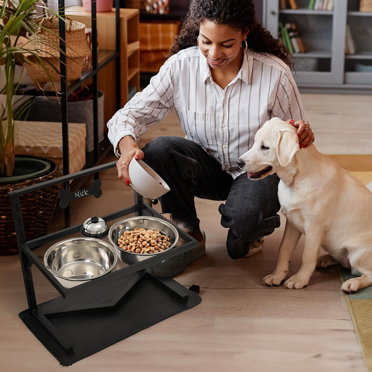 Elevated Dog Bowls - 7 Height Adjustable, 10 Tilted Raised Stand With Spill Proof Mat, Two 1.5L Stainless Steel Food Water Bowls for Large Medium Small Dogs (15.4" H)