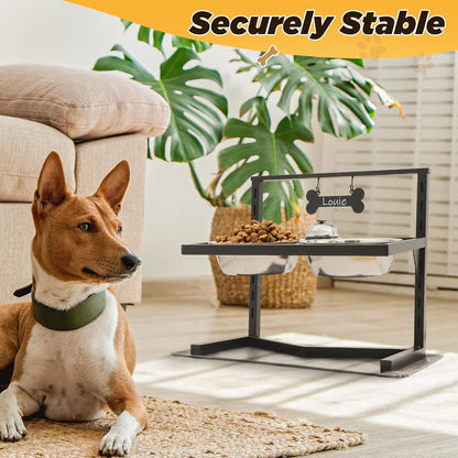 Elevated Dog Bowls - 7 Height Adjustable, 10 Tilted Raised Stand With Spill Proof Mat, Two 1.5L Stainless Steel Food Water Bowls for Large Medium Small Dogs (15.4" H)
