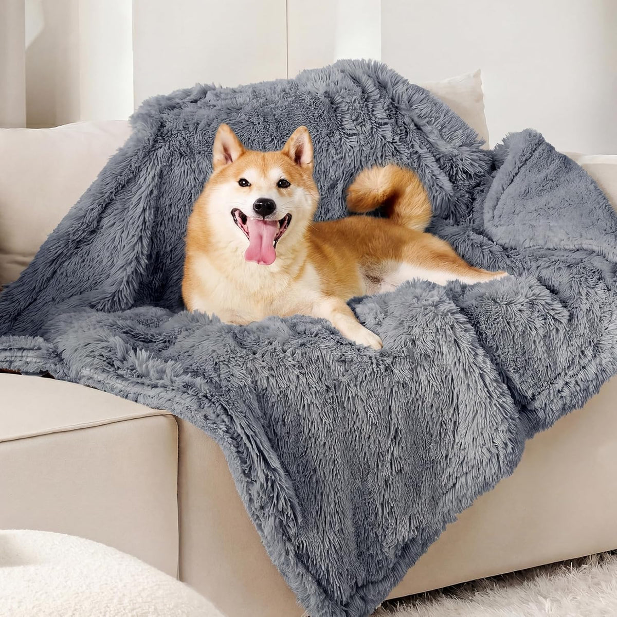 Waterproof Dog Blankets for Large Dogs, Fluffy Faux Fur, 50×60" | Plush Fuzzy Reversible Pet Blankets for Couch and Dog Bed, Soft Calming Throw Cat Blanket Washable, Dog Gift, Tie-dye Grey