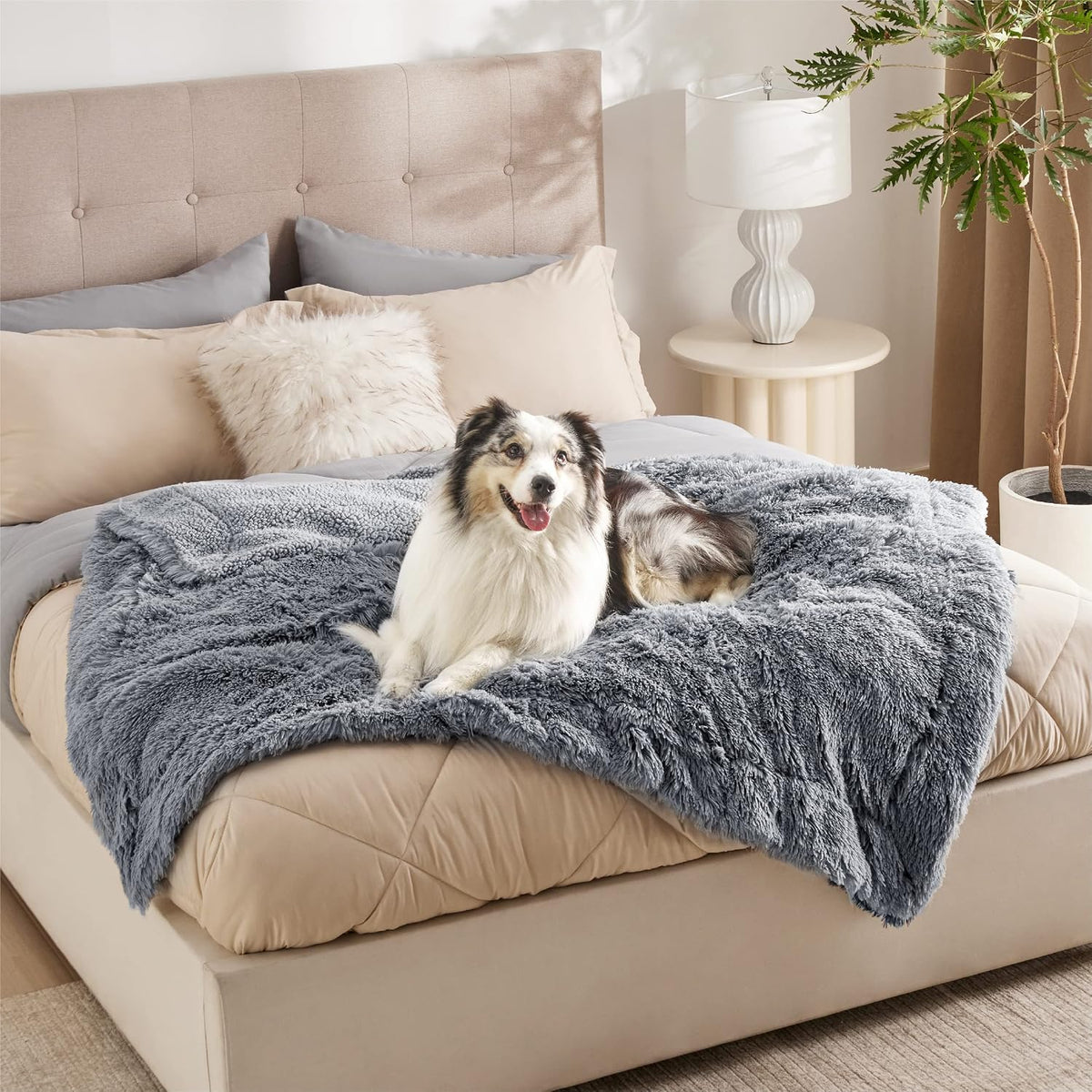 Waterproof Dog Blankets for Large Dogs, Fluffy Faux Fur, 50×60" | Plush Fuzzy Reversible Pet Blankets for Couch and Dog Bed, Soft Calming Throw Cat Blanket Washable, Dog Gift, Tie-dye Grey