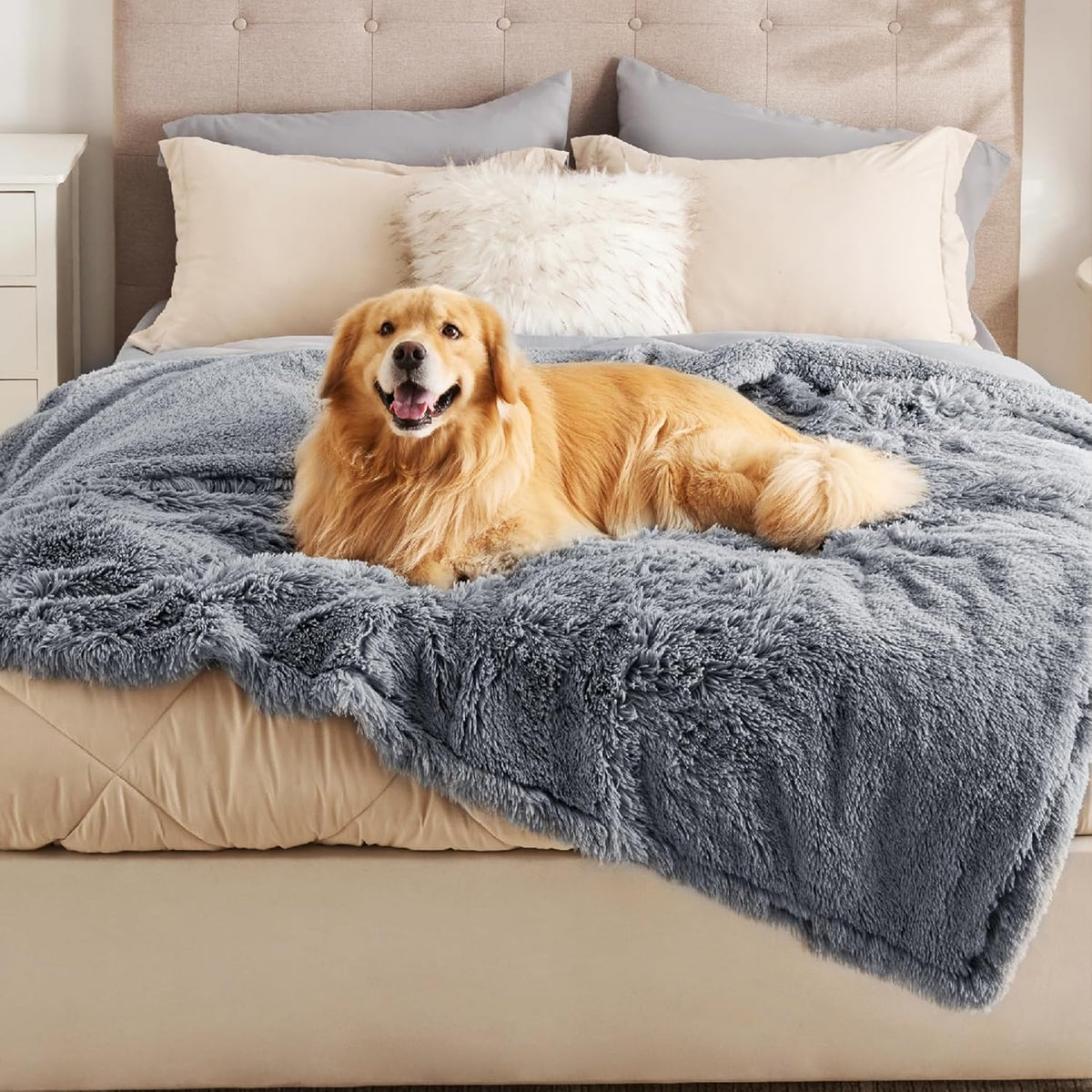 Waterproof Dog Blankets for Large Dogs, Fluffy Faux Fur, 50×60" | Plush Fuzzy Reversible Pet Blankets for Couch and Dog Bed, Soft Calming Throw Cat Blanket Washable, Dog Gift, Tie-dye Grey