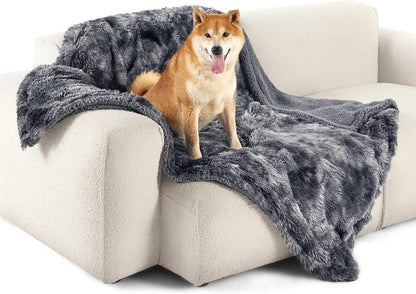 Waterproof Dog Blankets for Large Dogs, Fluffy Faux Fur, 50×60" | Plush Fuzzy Reversible Pet Blankets for Couch and Dog Bed, Soft Calming Throw Cat Blanket Washable, Dog Gift, Tie-dye Grey