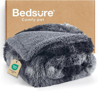 Waterproof Dog Blankets for Large Dogs, Fluffy Faux Fur, 50×60" | Plush Fuzzy Reversible Pet Blankets for Couch and Dog Bed, Soft Calming Throw Cat Blanket Washable, Dog Gift, Tie-dye Grey